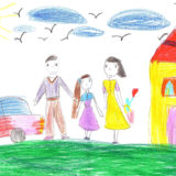 A child's drawing of a happy family going for a walk