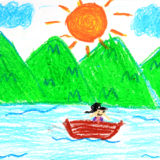 A child's painting of mountains and a river