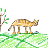 A child's painting of a cat and mouse