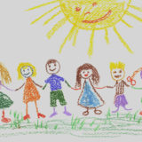 A child's painting of friends outdoors